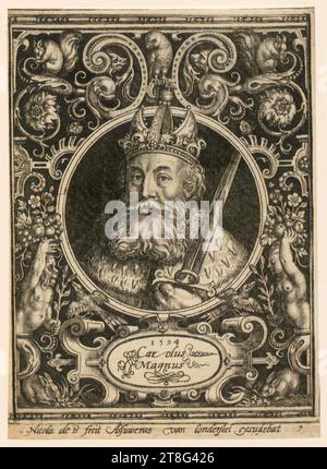 Nicolaes de Bruyn (1571 - 1656)Assuerus Londerseel (1572 - 1633), éditeur, portrait de Charlemagne, feuille de la série 'Portraits de rois et héross', origine de l'impression : 1594, gravure sur cuivre, taille de la feuille: 12,4 x 9,0 cm, en bas au centre sur cartouche daté et inscrit '1594, Carolus Magnuss' et en bas de gauche à RE Banque D'Images