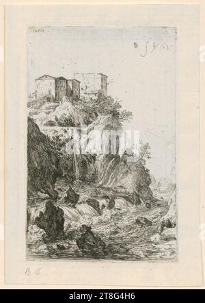 Bartholomeus Breenbergh (1598 - 1657), artiste, cascade près du Ponte della Trave, feuille 15 de la série 'ruines romaines', origine du support d'impression : 1639, gravure, taille de la feuille : 12. 2 x 8,6 cm (avec marge ajoutée)Dimensions de la feuille : 10,3 x 6,6 cm, en haut à droite signée et datée 'BB. f : an° 16.3,9', recto en haut à gauche inscrit en plume et marron 'Tivoli Banque D'Images