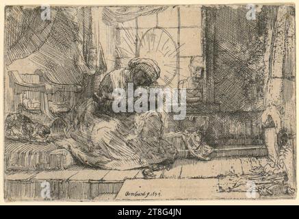 Rembrandt Harmensz. Van Rijn (1606 - 1669), artiste, Vierge à l'enfant avec chat et serpent, support d'impression : 1654, gravure, taille de la feuille : 9,6 x 14,4 cm, bas centre signé et daté 'Rembrandt. f. 1654', verso en bas à gauche noir Banque D'Images