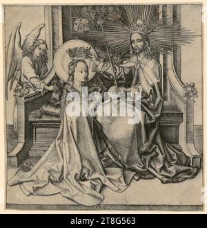 Martin Schongauer (1450 UM - 1491), artiste, Couronnement de Marie, origine du support d'impression : 1470 - 1474, gravure sur cuivre, taille de la feuille : 16,1 x 15,7 cm, monogramme 'M + s' en bas au centre Banque D'Images