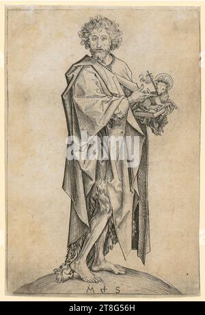 Martin Schongauer (1450 UM - 1491), artiste, Jean le Baptiste, origine du support d'impression : 1469 - 1474, gravure sur cuivre, taille de la feuille : 15,4 x 10,4 cm, monogramme 'M + s' en bas au centre Banque D'Images