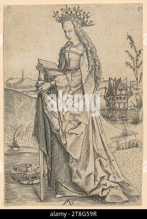 Matthäus Zasinger (aussi Maître MZ) (1500 actif circa), Sainte Catherine, origine du support d'impression : circa 1500, gravure sur cuivre, taille de la feuille : 12,5 x 8,5 cm, fond central monogrammé 'MZ Banque D'Images