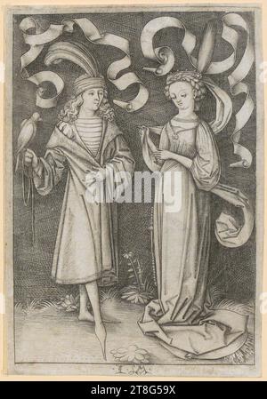 Israhel van Meckenem (1440, 1445 UM - 1503), artiste, noble avec faucons et noble, origine de l'impression : c. 1495 - 1503, gravure sur cuivre, taille de la feuille : 16,7 x 11,5 cm, monogrammé en bas au centre 'I M', verso noir Banque D'Images