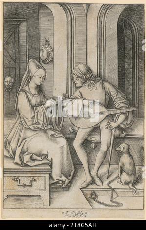 Marcantonio Raimondi (1470, 1482 UM - UM 1527, 1534), artiste, Christ et Madeleine dans la maison du Pharisien Simon, Israhel van Meckenem (1440, 1445 UM - 1503), artiste, luthiste et chanteur, origine de l'estampe : vers 1495 - 1503, gravure sur cuivre, taille de la feuille: 16,7 x 11,0 cm, fond central monogrammé 'I M Banque D'Images