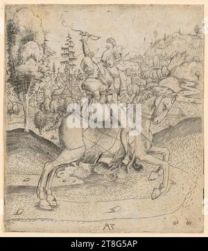 Matthäus Zasinger (aussi Maître MZ) (1500 actifs autour), noble et dame à cheval, origine de l'impression : vers 1500 - 1503, gravure sur cuivre, taille de la feuille : 13,0 x 11,3 cm, fond central monogrammé 'MZ Banque D'Images