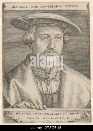 Barthel Beham (1502 - 1540), Portrait du docteur Erasmus Baldermann, support d'impression : 1535, gravure sur cuivre, dimensions de la feuille : 13,2 x 9,7 cm, inscription en haut 'MARCET SINE ADVERSARIO VIRTVSs', inscription en bas 'ERASMVUS BALDERMAN LL DOCT, AETA, verso centre gauche noir Banque D'Images