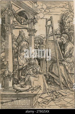 Hans Burgkmair (1473 - 1531), Saint Luc peignant la Vierge, support d'impression : 1507, gravure sur bois, taille de la feuille : 22,3 x 15,3 cm, en haut à gauche sur architrave datée '1507' et en bas à gauche sur projection murale monogrammée 'H . B Banque D'Images