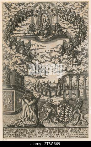 Balthasar Jenichen (1563 mentionné autour), Christ Entrôné avec les évangélistes, au premier plan Duc Albrecht V de Bavière agenouillé dans la prière, date d'impression : 1574, gravure sur cuivre et poinçonnage, dimensions de la feuille : 30,4 x 19,0 cm, inscrit et monogrammé en bas au centre sur le panneau 'DEM DVRCHLEVCHTIGISTEN HCOHGEBORNEN FRIEDLIEBEND Banque D'Images