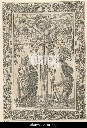 Balthasar Jenichen (1563 mentionné autour), Crucifixion, origine du support d'impression : circa 1560, gravure, taille de la feuille : 12,2 x 10,5 cm, inscrit au centre à droite sur le panneau 'wer da glau, pari. Der wirt, selich werde', au centre à gauche sur le panneau Banque D'Images