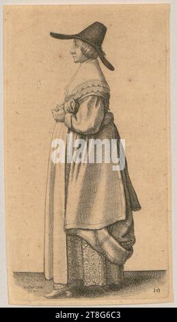 Wenzel Hollar (1607 - 1677), ornatus Muliebris, Wenzel Hollar (1607 - 1677), Dame au chapeau à large bord et jupon de brocart, feuille 20 de la série 'ornatus Muliebriss', date d'impression : 1640, gravure, taille de la feuille : 13,5 x 7,4 cm, signée et datée en bas à gauche 'Hollar inu:, 1640.' et numéroté en bas à droite '19 Banque D'Images