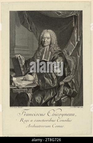 Johann Georg Wille (1715 - 1808)Pierre le sueur (1739 mentionné autour), portrait du médecin François Chicoyneau, origine d'impression : 1744, gravure sur cuivre, dimensions de la feuille : 23,2 x 15,6 cm, inscription en bas à gauche 'P. le sueur Pinxit.', signée et datée en bas à droite 'J. G. Will Sculp. 1, sur le verso en bas à gauche note du concessionnaire avec graphite '20626, M DR Banque D'Images