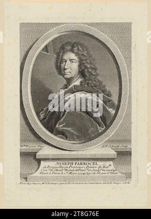Antoni Waterloo (1609 UM - 1690), artiste, épouse d'agriculteur et sa fille sur un pont, Georg Friedrich Schmidt (1712 - 1775)Hyacinthe Rigaud (1659 - 1743), d'après Michel Odieuvre (1687 - 1756), éditeur, portrait du peintre Joseph Parrocel, origine du support d'impression : 1737, gravure sur cuivre, taille de la feuille : 18. Marge de la plaque de 0 x 12,7 cm : 14,8 x 10,7 cm, en bas à gauche, inscription 'H.The Rigaud Pinx', en bas à droite signée 'G. F. Schmidt Sculp.', mi inférieur, verso en bas à gauche, note de croupier en graphite '9753, D. Banque D'Images