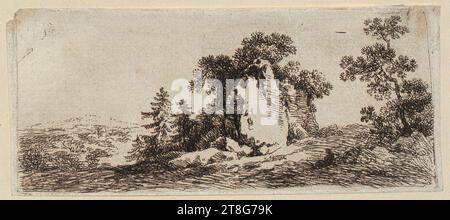 Johann Wolfgang von Goethe (1749 - 1832), Paysage avec rocher erratique, support d'impression : 1754 - 1832, gravure, dimensions de la feuille : 6,4 x 14,7 cm Banque D'Images