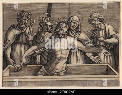 Marcantonio Raimondi (1470, 1482 UM - UM 1527, 1534), artiste Agostino dei Musi (gén. Agostino Veneziano) (1490 UM - après 1536), ancienne attribution, tombe du Christ, origine de l'impression : 1515 - 1527, gravure sur cuivre, taille de la feuille : 10,4 x 14,5 cm Banque D'Images