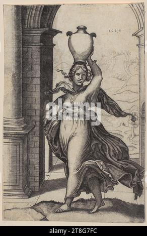 Agostino dei Musi (gén. Agostino Veneziano) (1490 c. - après 1536)Raphaël (1483 - 1520), après, Une femme portant une cruche sur la tête, origine de l'impression : 1528, gravure sur cuivre, taille de feuille : 18,4 x 11,9 cm, daté '1528' en haut à droite et monogrammé '.A.V.' en bas à gauche Banque D'Images