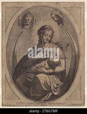 Agostino Carracci (1557 - 1602), artiste Jacopo Ligozzi (1547 UM - 1627), après, Marie avec l'enfant sur le Croissant Lune, origine de l'impression : 1589, gravure sur cuivre, taille de la feuille : 20,9 x 16. 6 cm, en bas à gauche inscription 'Iacobus Ligotius inuen.', en bas au centre inscrit et daté 'ILL.MÆ et ECCE, vieille monture (Collection Durazzo?) ; contour verso du visage de Marie à la craie rouge Banque D'Images