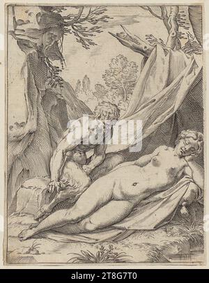 Anonyme (date inconnue), graveur Agostino Carracci (1557 - 1602), copie d'après Vénus ou Galatea chevauchant les dauphins, feuille de la série 'Lascivie', Agostino Carracci (1557 - 1602), artiste, Un satyre contemple une nymphe endormie, feuille de la série 'Lascivie', origine du support d'impression: circa 1590 - 1595, gravure sur cuivre, taille de la feuille : 15. 5 x 11,9 cm, verso en bas à gauche bleu Banque D'Images