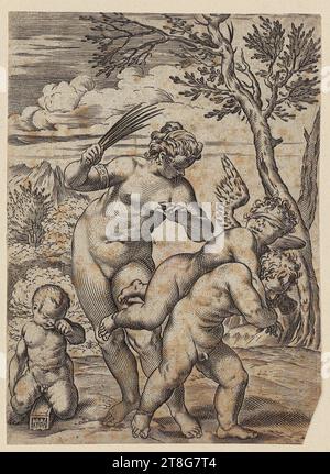 Anonyme (date inconnue), graveur Agostino Carracci (1557 - 1602), copie d'après Un Satyr montres une nymphe endormie, feuille de la série 'Lascivie', Agostino Carracci (1557 - 1602), artiste, Vénus punit Cupidon Anteros, feuille de la série 'Lascivie', origine du support d'impression : c. 1590 - 1595, gravure sur plaque de cuivre, taille de la feuille: 14,7 x 10,6 cm (coin inférieur droit rogné Banque D'Images