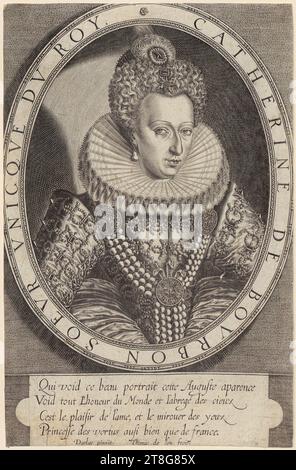 Thomas de Leu (1555 c. - c. 1612)Nicolas Darley (1600 c. cité), d'après, portrait de Catherine de Bourbon, origine d'impression : 1595 - 1604, gravure sur cuivre, taille de la feuille : 20,0 x 12,9 cm (rogné)' Champ3 bague autour du médaillon inscrit 'CATHERINE DE BOVRBON SOEVR VNICQVE DV ROY' ; ci-dessous en cartouche bézeic Banque D'Images