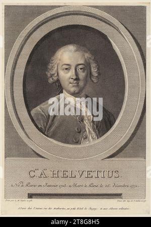 Augustin de Saint-Aubin (1736 - 1807)Louis Michel Van Loo (1707 - 1771), d'après, portrait de Claude Adrien Helvetius Helvétius, support d'impression : 1773, gravure et gravure sur cuivre, dimensions de la feuille : 21,3 x 14,9 cm, inscrit au-dessous du médaillon 'C.de A.en HELVETIUS., né à Paris en janvier 1715. Mort à Paris le 2 Banque D'Images