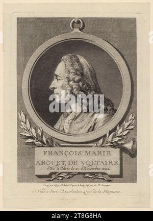 Augustin de Saint-Aubin (1736 - 1807)Jean-Baptiste Lemoyne (le Jeune) (1704 - 1778), d'après, portrait de François Marie Arouet de Voltaire, origine de l'impression : 1750 - 1807, gravure et gravure, taille de la feuille : 21. Marge de la plaque de 8 x 15,6 cm : 19,3 x 13,5 cm, en dessous du médaillon sur la plaque portant l'inscription 'FRANÇOIS MARIE, AROUET DE VOLTAIRE, né à Paris le 21. Non, recto en bas au centre inscrit au stylo en marron '... Paris Banque D'Images