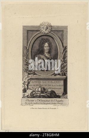 Pierre Savart (1737 - 1780)Hyacinthe Rigaud (1659 - 1743), d'après, portrait de Louis XIV Louis le Grand, support d'impression création : 1771, gravure et gravure, taille de la feuille : 20,2 x 13,7 cm marge de la plaque : 19,4 x 12. 9 cm, bas centre sur base inscrit 'LOUIS LE GRAND, Roi DE FRANCE et DE NAVARRE, né en 1638 mort, verso en bas à gauche bleu Banque D'Images