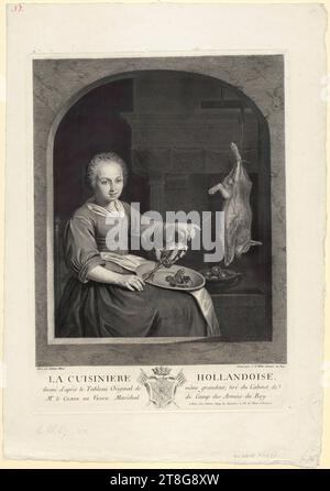 Johann Georg Wille (1715 - 1808)Gabriel Metsu (1629 - 1667), après, cuisinier hollandais, support d'impression : 1756, gravure sur cuivre et gravure, dimensions de la feuille : 50,2 x 35,0 cm Platemark : 39,1 x 28,3 cm, en haut à gauche inscrit 'dritte Platte spiegelkehrt', en bas à gauche inscrit 'Peint par Gabriel M, Recto oben liens bezeichenet 'No.2 Banque D'Images