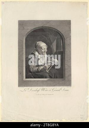 Johann Georg Wille (1715 - 1808)Gerrit Dou (1613 - 1675), après, Garnhasplerin, origine du support d'impression : 1755, gravure et gravure sur cuivre, dimensions de la feuille : 60,2 x 44,2 cm 39,4 x 28,2 cm, en bas à gauche inscrit 'peint par Gerard Douw.', en bas à droite signé 'gravé par J. G. Wille' et u, recto en haut à gauche inscrit au stylo en rouge 'No.5 Banque D'Images