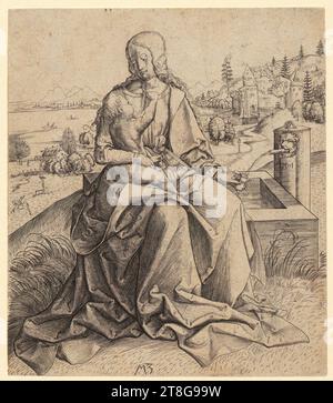 Matthäus Zasinger (aussi Maître MZ) (1500 actif circa), artiste Albrecht Dürer (1471 - 1528), après, Marie avec enfant au puits, création du support d'impression : 1501, gravure sur cuivre sur papier vergé, taille de la feuille : 17,7 x 15,4 cm (marge de plaque découpée)' Field3 daté '1501' au centre à droite; monogrammé 'MZ' en bas au centre, rouge Banque D'Images