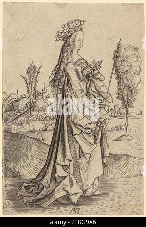 Matthäus Zasinger (également Maître MZ) (1500 actifs autour), artiste, Sainte Ursula, origine du support d'impression : vers 1500, gravure sur cuivre sur papier vergé, format de feuille : 12,9 x 8,6 cm (marge de plaque rognée)' Field3 monogrammé 'MZ' en bas centre, rouge Banque D'Images