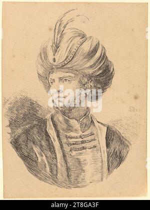 Stefano della Bella (1610 - 1664), artiste Israël Henriet (1590 - 1661), éditeur, Jeune homme à la mentonnière et au turban de profil de trois quarts à gauche, origine du support d'impression : 1650, gravure sur papier vergé, taille de la feuille : 9,9 x 7,3 cm marge de la plaque : ca. 9,7 x 7,2 cm (marge de plaque ovale rognée)' Field3 signé et daté 'SDBella, 1650' SDB ligaturé au centre droit, noir Banque D'Images