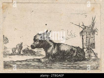 Anonyme (date inconnue), italien, artiste : in Stefano della Bella (1610 - 1664), copie d'après, âne couché devant un moulin à vent, origine du support d'impression : c. 1642 - 1680, gravure sur papier vergé, dimensions de la feuille : 6,4 x 9,1 cm (rogné à la plate-forme) ». Champ3 numéroté « 20 » en bas à droite Banque D'Images
