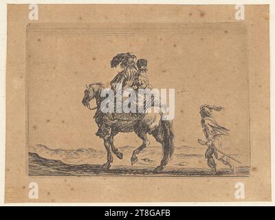 Anonyme (date inconnue), italien, artiste:in Stefano della Bella (1610 - 1664), copie d'après, cavalier avec dame accompagnée d'un serviteur, origine de l'impression : c. 1642 - 1680, gravure sur papier vergé, taille de la feuille : 8,1 x 10,7 cm plateforme : 6,3 x 8,9 cm Banque D'Images