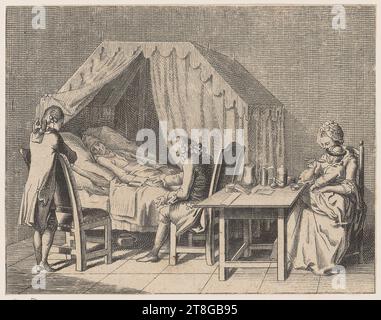 Daniel Berger (1744 - 1824), artiste, exécution Daniel Nikolaus Chodowiecki (1726 - 1801), modèle, après, corps humain. L'homme malade avec le médecin et l'ami, origine du support d'impression : environ 1770 - 1774 bli, gravure sur papier vergé, taille de la feuille : 8,5 x 11,1 cm (rogné à la ligne de bordure Banque D'Images