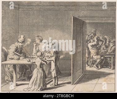 Johann David Schleuen (1740, 1774 mentionné autour), artiste, exécution, Daniel Nikolaus Chodowiecki (1726 - 1801), modèle, après, pouvoir d'habit. Chez un fumeur de tabac, chez un tabac à priser, chez de jeunes siphons de thé et des paysans carousseurs, origine du support d'impression : vers 1770 - 1774 bli, gravure sur papier vergé, format de la feuille : 8,4 x 10,7 cm (rogné à la frontière Banque D'Images