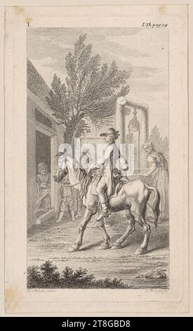 Daniel Berger (1744 - 1824), artiste Daniel Nikolaus Chodowiecki (1726 - 1801), d'après, révérend Yorick à cheval, support d'impression origine : vers 1776, gravure sur papier vergé, dimensions de la feuille : 14,5 x 8,8 cm plate-forme : 13,5 x 8,0 cm, numéroté 'I' en haut à gauche ; inscrit 'I. Th. page 34. » En haut à droite ; inscription 'D. Chod Banque D'Images