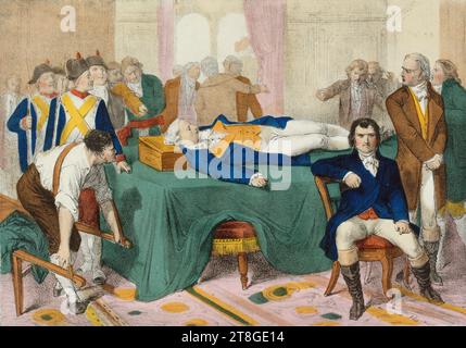 Révolution française : jour du 10 Thermidor an II ou 28 juillet 1794. Robespierre, arrêté et blessé, repose dans l'antichambre du Comité de sécurité publique. Tuileries. 4e arrondissement, dessinateur-lithographe, Wentzel, Éditeur, estampes, arts graphiques, Révolution française, estampes, Lithographie, Paris, dimensions - travail : hauteur : 29,8 cm, largeur : 43,9 cm, Dimensions - montage:, hauteur : 32,5 cm, largeur : 50 cm Banque D'Images