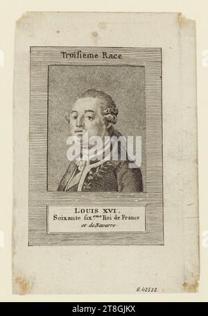Troisième race, Louis XVI, soixante-sixième roi de France, et de Navarre, graveur, estampe, Art graphique, tirage, gravure, pointillé (gravure), Dimensions - oeuvre : hauteur : 13,9 cm, largeur : 9,2 cm, Dimensions - montage:, hauteur : 50 cm, largeur : 33 cm Banque D'Images