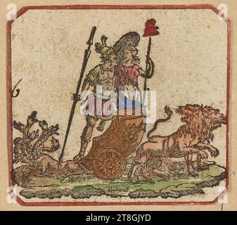 Un homme et une femme sur un char, tiré par un lion, graver, Print, Arts graphiques, French Revolution, tirage, gravure sur bois, couleur, Dimensions - travail : hauteur : 5,6 cm, largeur : 6,2 cm, Dimensions - montage:, hauteur : 28 cm, largeur : 21 cm Banque D'Images