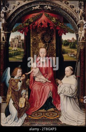 Vierge et enfant avec Ange et donateur, Peintre, Flandre, École de (École flamande), Peintre, Memling, Hans, modèle, entre 1499 et 1509, 1e quart du 16e siècle, petit Palais rez-de-chaussée salle 35, peinture, peinture, peinture à l'huile, Bois (matériau), dimensions - travail : hauteur : 68. 5 cm, largeur : 47 cm, Epaisseur : 8,8 cm, Dimensions - cadre:, hauteur : 85,4 cm, largeur : 63,5 cm, épaisseur : 8,8 cm Banque D'Images