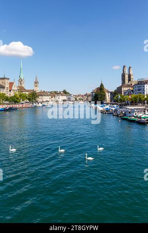 Zürich Skyline Stadt am Fluss Limmat Hochformat in der Schweiz Zürich, Schweiz - 10. Août 2023 : Zürich Skyline Stadt am Fluss Limmat Hochformat à Zürich, Suisse. *** Zurich Skyline City sur la rivière Portrait de Limmat en Suisse Zurich, Suisse 10 août 2023 Zurich Skyline City sur la rivière Portrait de Limmat à Zurich, Suisse Credit : Imago/Alamy Live News Banque D'Images