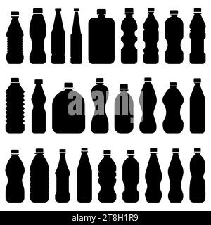 Icône bouteille. Ensemble de silhouettes de diverses bouteilles en plastique isolées sur un fond blanc. Différentes formes et tailles pour l'emballage de liquides Illustration de Vecteur