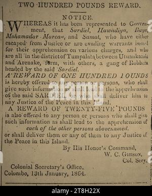 Utuwankande Sura Saradiel, avis de récompense du mandat d'arrêt (Ceylon Gazette 13 janvier 1864). Banque D'Images