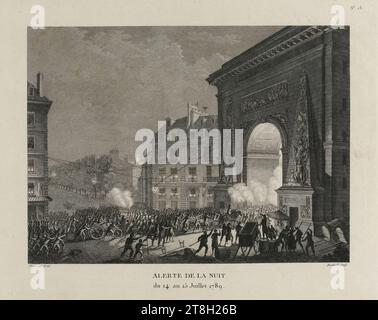 Alerte dans la nuit du 14 au 15 juillet 1789. Les patriotes se retrouvent à la porte Saint-Denis, actuel 3e arrondissement, 18e tableau de peintures historiques de la Révolution française (1791-1817), Berthault, Pierre-Gabriel, Graveur, Prieur, Jean-Louis, dessinateur, entre 1791 et 1804, impression, Arts graphiques, Révolution française, impression, dimensions - travail : hauteur : 23,5 cm, largeur : 28 cm, Dimensions - montage:, hauteur : 32,4 cm, largeur : 50 cm Banque D'Images