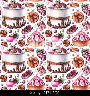 Motif aquarelle sans couture avec desserts, gâteaux, bonbons. Motif sur blanc pour le design textile, les emballages, les cartes, les invitations, les menus et les restaurants Banque D'Images