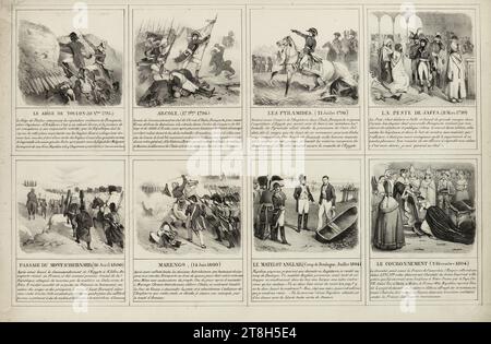 Planche de huit petits tableaux représentant des scènes de la vie de Napoléon, du siège de Toulon au couronnement ; 1e d'une série de trois, résumant l'épopée en 24 tableaux, chacun accompagné d'un commentaire, dessinateur-lithographe, estampe, Arts graphiques, imprimerie, lithographie, Dimensions - oeuvre : hauteur : 31,6 cm, largeur : 48 cm, Dimensions - montage:, hauteur : 32,6 cm, largeur : 50,2 cm Banque D'Images