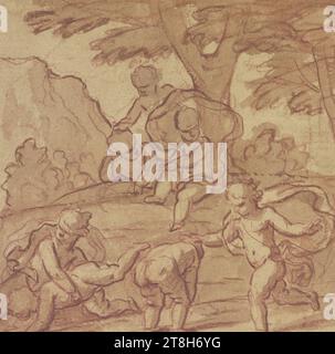 NICOLAS POUSSIN ?, sautant les enfants sous un arbre, drap, 149 x 149 mm, craie rouge et noire, lavoir rouge, sur papier vergé, sautant les enfants sous un arbre, NICOLAS POUSSIN ?, Atalante et Hippomène, 17e SIÈCLE, CLASSICISME BAROQUE FRANÇAIS, DESSIN, craie rouge et noire, lavage rouge, sur papier vergé, CRAIE, PAPIER vergé, DESSIN À LA CRAIE, LAVAGE, FRANÇAIS, ÉTUDE DE FIGURE, ÉTUDE DE COMPOSITION Banque D'Images