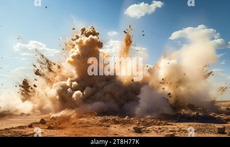 Nuages de poussière de roche brune pendant le détonateur sur le site minier Banque D'Images