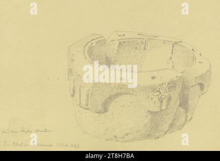 CARL THEODOR REIFFENSTEIN, les fonts baptismaux du monastère d'Arnstein conservés au château de Scheuern, 12 juillet 1867, feuille, 119 x 157 mm, crayon sur papier, les fonts baptismaux du monastère d'Arnstein conservés au château de Scheuern, CARL THEODOR REIFFENSTEIN, page, rubans adhésifs, volume 27, page 13, référence / total, 1 / 4, NASSAU-SCHEUERN, 19E SIÈCLE, DESSIN, crayon sur papier, MÉLANGE GRAPHITE-ARGILE, PAPIER, DESSIN AU CRAYON, ALLEMAND, ETUDE D'APRÈS Une ŒUVRE SCULPTURALE, ÉTUDE DE VOYAGE, datée et inscrite ci-dessous à gauche, au crayon, du monastère d'Arnstein. / Au château de Scheuern, le 12 juillet 1867 Banque D'Images