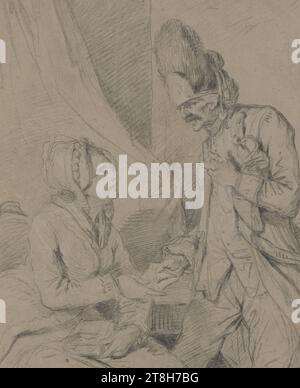 PIERRE ALEXANDRE WILLE, Un soldat apporte une lettre à une femme, avant 1779, feuille, 349 x 287 mm, craie noire, rehaussée de blanc, traces, sur papier beige fait main, Un soldat apporte une lettre à une femme, PIERRE ALEXANDRE WILLE, 18E SIÈCLE, CLASSICISME, DESSIN, craie noire, rehaussée de blanc, traces, sur papier beige fait main, CRAIE, PAPIER MANUFACTURÉ, DESSIN À LA CRAIE, REHAUSSEMENT BLANC, FRANÇAIS, DESSIN EN PHOTO, DESSIN POUR Un TABLEAU, verso inscrit au milieu, au crayon, VIII Banque D'Images